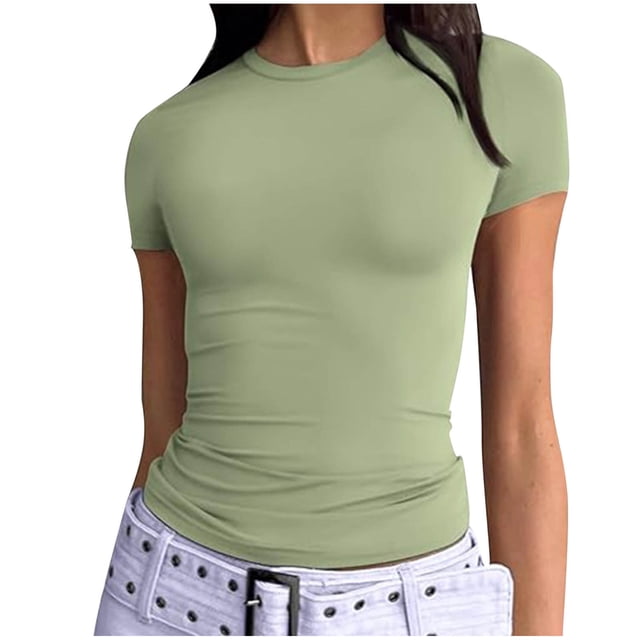 Yuyuzo Hauts de Sortie pour Femmes T-Shirts à Manches Courtes Col Ras du Cou Extensibles Ajustés T-Shirts Basiques Haut
