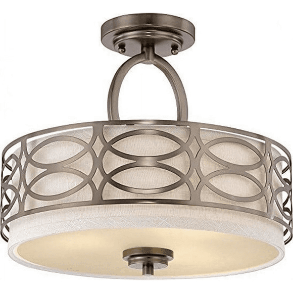 Nuvo 60-4729 Harlow 3-Light Semi Flush Mount Ceiling Fixture, Khaki Fabric Drum Shade, Brushed Nickel Finish, 15 in