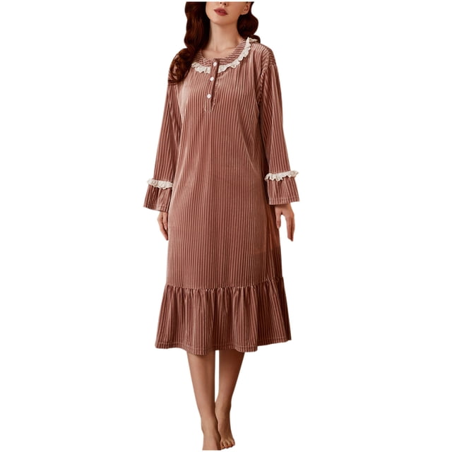 Timegard Sleepshirts for Women Button Round Neck Long Sleeve Nightgowns Lace Ruffle Fall Winter Sleepdress