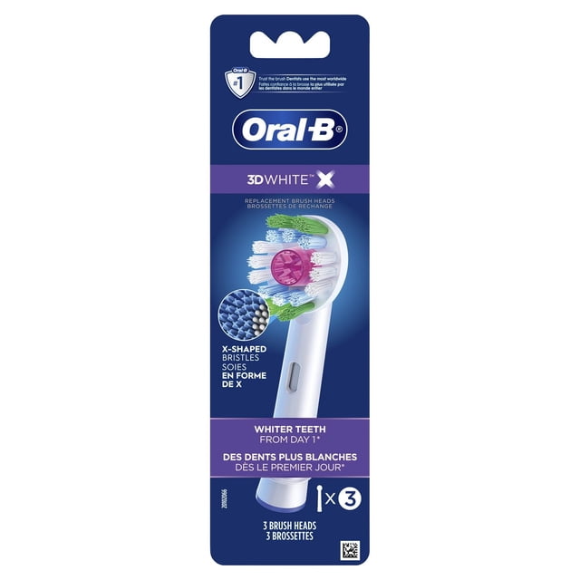 Oral-B 3D White X-Filament Replacement Brush Heads pack containing three round brush heads with X-shaped bristles and a polishing cup designed for plaque removal and whitening from day one, compatible with most Oral-B rechargeable toothbrushes in oral care.