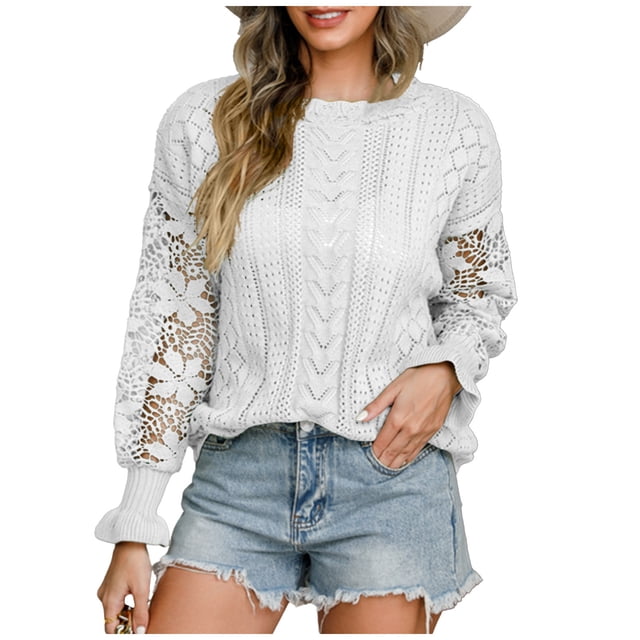 Yuyuzo Chandails Boho pour Femmes à Oeillets, Manches Longues, Col Ras du Cou, Chandail, Hauts, Tricot Uni