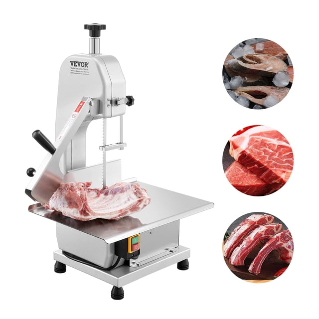 VEVOR 650W Commercial Electric Meat Bandsaw Stainless Steel Bone Sawing Machine with a die-cast aluminum and stainless steel body. Features a sharp stainless steel blade and a 650W pure copper motor for efficient cutting of bones and frozen meat. Includes a stainless steel worktable with precise scale lines for adjustable cutting thickness up to 4.33 inches and a maximum cutting height of 9.45 inches. The machine is shown cutting a large piece of meat, with additional images of frozen fish, beef cuts, and ribs. Designed for use in restaurants, supermarkets, and meat processing plants.