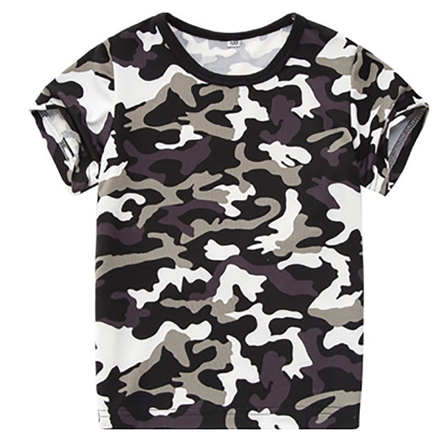 Sunnyoo T-Shirt Camouflage à Manches Courtes pour Grands Garçons, T-Shirt à Col Rond Décontracté d'Été, Tenue Quotidienne
