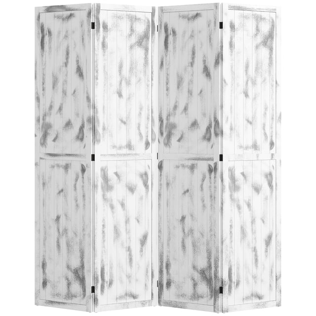 HOMCOM Cloison de Séparation à 4 Panneaux de 5,5 Pieds Paravent Pliant en Blanc, Présentant une texture Grain de Bois Blanchie pour un Style Rustique. la Cloison Comporte Quatre Panneaux Pliables Reliés par Neuf Charnières Métalliques, Permettant une Personnalisation Facile et un Rangement Gain de Place. Fabriquée en Bois de paulownia et MDF, Elle Mesure 63,2 Pouces de large par 66,9 Pouces de Haut Lorsqu'elle Est Entièrement Prolongée. Idéale pour Créer des Espaces Privés Ou Diviser de Grandes Pièces.
