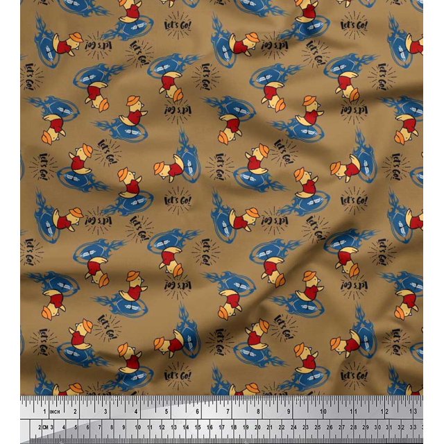 Soimoi Poly Georgette Fabric Text,Rugby Ball & Bird Cartoon Printed Craft Fabric by The Yard 52 Inch Wide