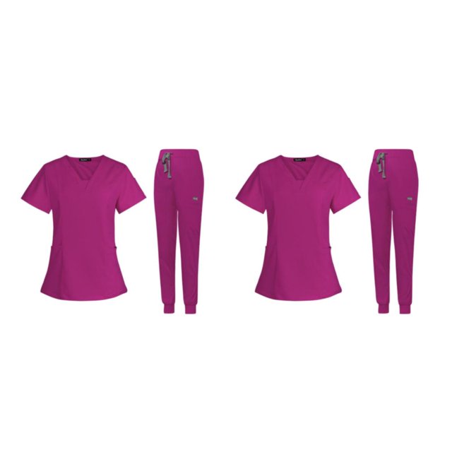 maskred Women s Scrub Set Nurse V-Neckline Machine Washable Short Sleeves Comfortable Suit Rose Red M 2Set