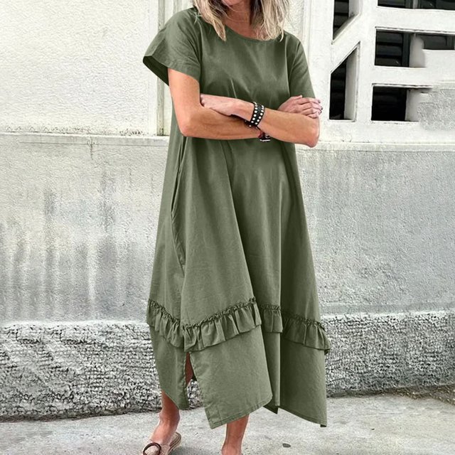 Ovzne Robes pour Femmes 2025 Robe de Plage Robe d'Été pour Femme à Manches Courtes Imitation Coton et Lin Col Rond Couleur Unie Poches Ourlet Fente Robe Robe de Printemps Robe Courte Liquidation