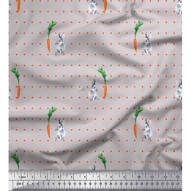 Soimoi Cotton Duck Fabric Carrot & Rabbit Dots Print Sewing Fabric Yard 42 Inch Wide