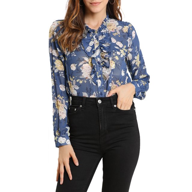 INSPIRE CHIC Women's Ruffle Collar Long Sleeve Button Down Floral Shirt