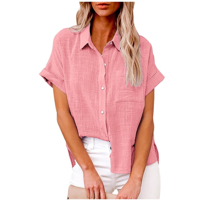 Dealovy Plus Size Womens Button down Shirts Cotton Linen Rolled Short Sleeve Loose Casual Work Blouses