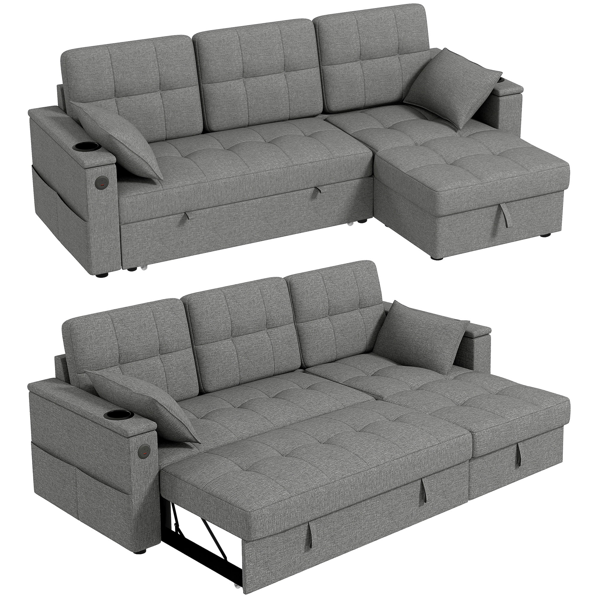 HOMCOM Sofa Bed, Pull Out Sleeper Couch with USB Ports, Chaise Storage