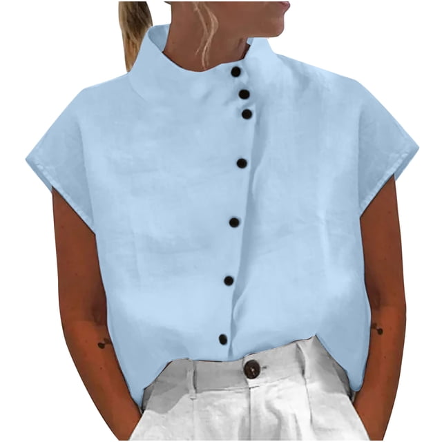 Birdeem Chemise Décontractée d'Été pour Femme, Ample, à Boutons, en Coton et Lin, Col Montant