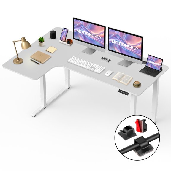 MotionGrey - Ergo2 Pro Adjustable Left L-Shaped Electric Standing Desk with Memory Settings - 63"x43" White Top White Frame - Ergonomic Desk for Home and Office