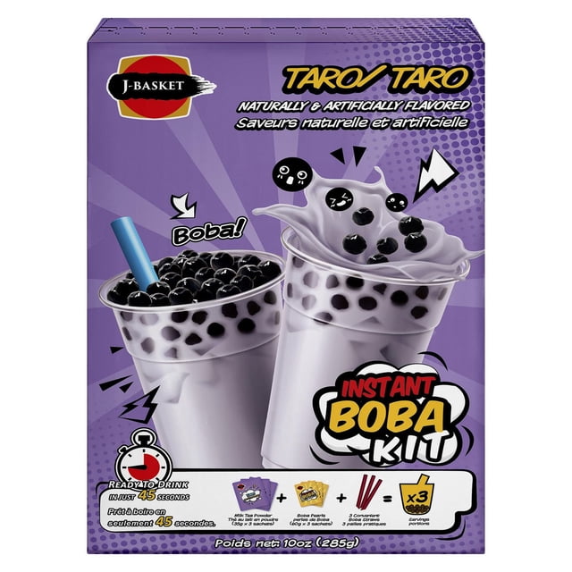 J-Basket instant boba kit taro with two clear cups of purple taro-flavored drink and black boba pearls, one topped with swirling taro cream and the other with a blue straw, naturally and artificially flavored, ready in 45 seconds, product of Taiwan, includes 3 portions with milk tea powder, boba pearls, and straws, suitable for quick homemade bubble tea drink mixes.