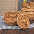 thumbnail image 4 of Small Rattan Basket with Lid, Rattan Basket Organizer with Handle, Candy Bowl Rustic Woven Basket for Shelf Table Office, 4 of 6