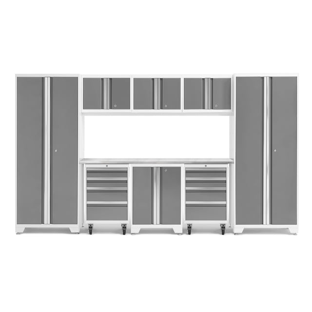 NewAge Products Bold Series 9-Piece Cabinet Set featuring a combination of wall cabinets, base cabinets, rolling tool drawers, and lockers. Made from heavy-duty 24-gauge steel with a powder-coat paint finish, this set includes a stainless steel worktop and adjustable steel shelves for versatile storage. The cabinets have full-length aluminum handles, fully-lockable doors, and anti-tip locking casters for mobility. Dimensions: 132 in. W x 18 in. D x 72 in. H, with adjustable height up to 76.75 in.