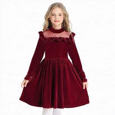 Zanarzt Girls Long Sleeve Dress Girls Skirt Ruffle Long Sleeve Dress Princess Christmas Party Performance Children Dress Girls Mesh Wine,5-6 Years