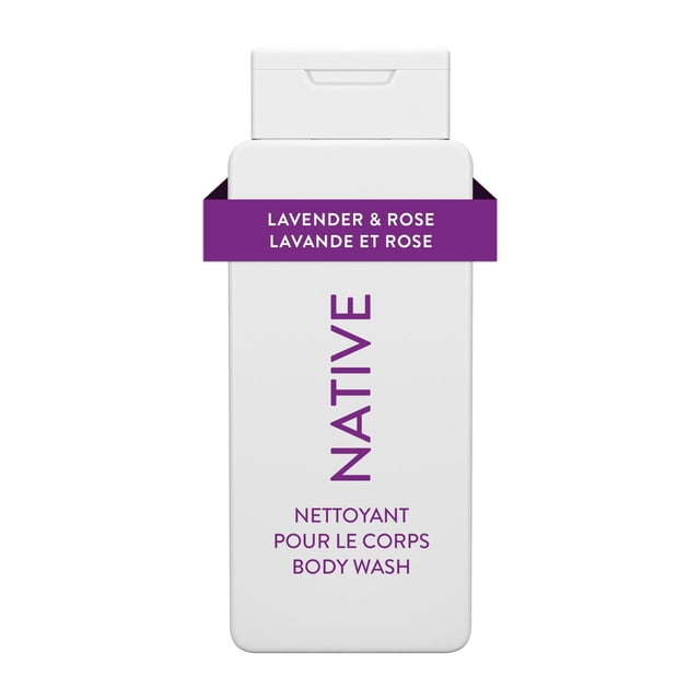 Native Natural Body Wash Lavender & Rose in a white rectangular bottle with flip-top cap, featuring purple bilingual text, sulfate and paraben free formula for gentle, hydrating cleansing, suitable for vegan and cruelty-free personal care routines.