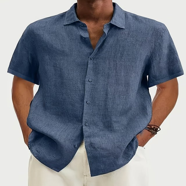 Men‘s Linen Casual Short Sleeve Shirts Button Down Summer Beach Shirt,M Light Blue