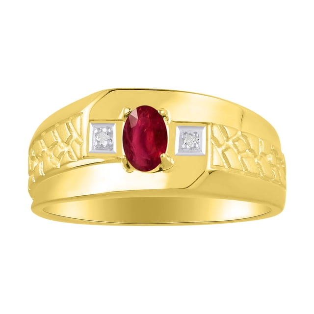 RYLOS Men's Rings 14K Yellow Gold Classic Nugget 6X4MM Oval Gemstone & Diamond Ring Ruby July Birthstone Rings Size 11