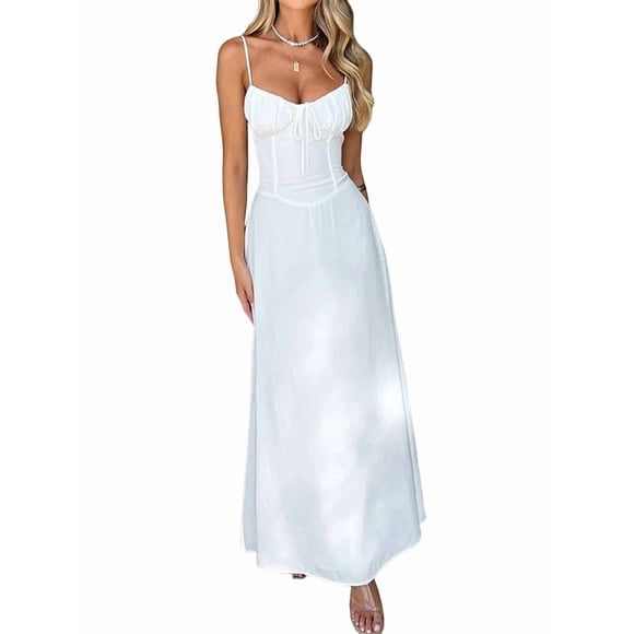 Boho Flowy Slit Lace Up Dresses for Women Going Out A Line Casual Sundress White XL