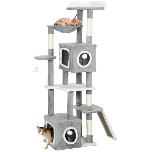 PawHut 65 Inch Cat Tree in grey, a multi-level cat tower with condos, perch, hammock, and sisal-wrapped scratching posts. Features spacious condos with dual entrances, dangling balls for play, and a widened base for stability. Made of plush polyester and particle board, ideal for cats under 13.2 lbs.