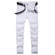 FcBaudy Full Length Pants Jeans Men's Ripped Jeans Zipper Wash Elastic Trend Outdoors Denim Trousers Men Denim Pants