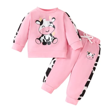 Splozh Baby Toddler Boys Girls Cotton Toddler Baby Girl Fall Outfits Sweatshirt and Pants Set 2 Pieces Cartoon Print Tops and Jogger Pants Pink,6-9 Months