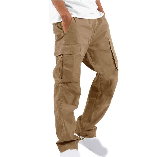 Cargo Pants Solid Color Softy Work Pants for Men Mid Rise Casual Loose Dress Pants Lightweight Fashion Straight Fit Daily Drawstring Comfy Pants(Khaki,L)