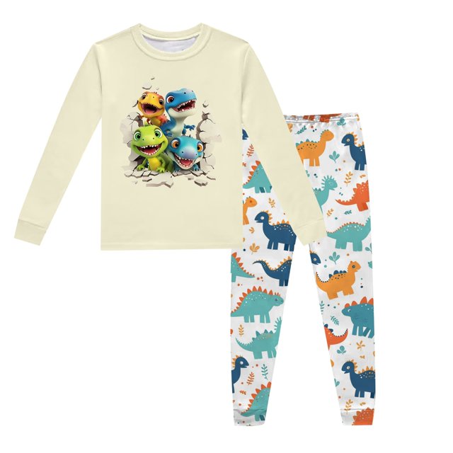 Pyjamas pour Garçons Ensemble de Pyjama Imprimé Dinosaure Col Rond Manches Longues Pantalon 2 Pcs Printemps Automne Pyjamas pour Tout-Petits Beige 6 Ans-7 Ans