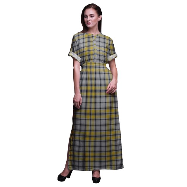 Bimba Rayon Gingham Check Ladies Long Gown Boho Beach Cocktail Party Maxi SlitDress-Small