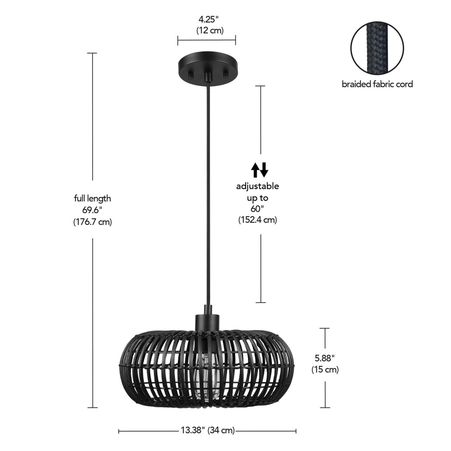 Luminaire suspendu à 1 ampoule Fitz noir mat avec abat-jour en rotin