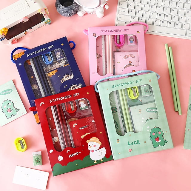 Tyidzon Ensemble de Papeterie Bleu 6 Pcs Fournitures de Bureau Incluant 2 Crayons, 1 Gomme, 1 Taille-Crayon, 1 Règle, 1 Cahier