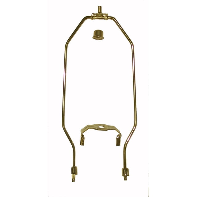 Atron Electro Industries 10 Inch Brass Harp with brass-plated frame, top hat finial, and harp saddle, designed to hold a 10-inch lamp shade; ideal as a string instrument accessory for band and orchestra use.