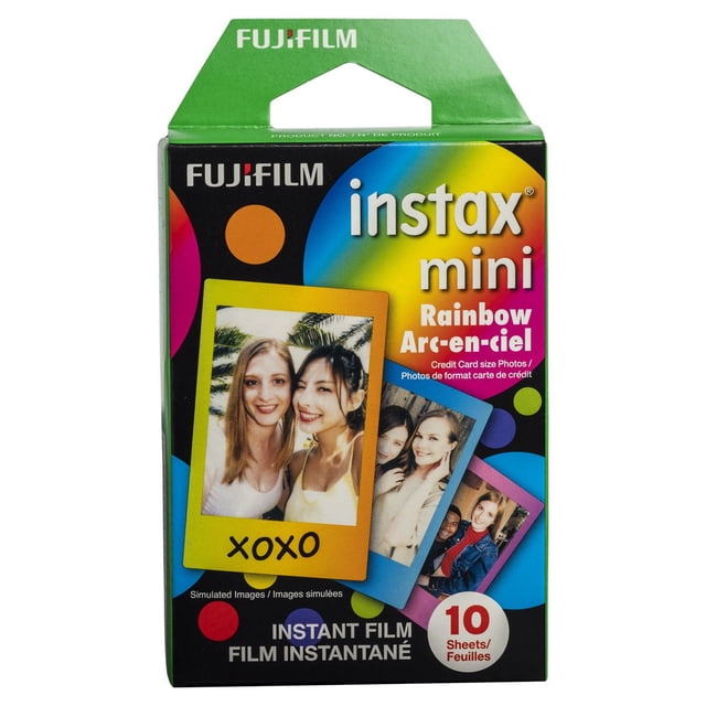 Fujifilm Instax Mini Arc-en-Ciel Ensemble de Pellicule Instantanée Contenant 10 Feuilles de Pellicule Instantanée Format Carte de Crédit avec des Bordures Arc-en-Ciel Colorées en Jaune, Bleu et Rose, compatible avec Tous les Appareils Photo et Imprimantes Instax Mini pour des photos Vibrantes et à Développement Rapide.