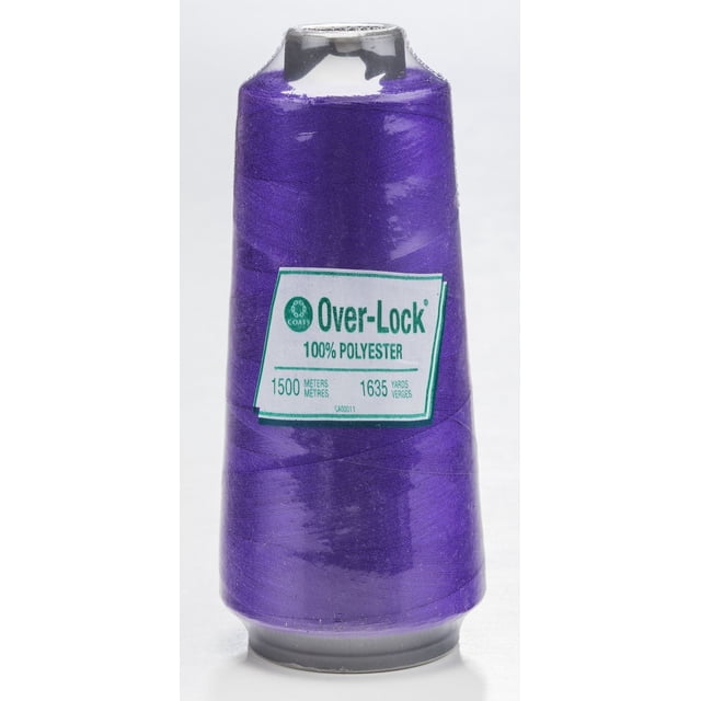 Coats Over-Lock Polyester Thread spool in purple, 100% polyester, 1500 meters (1635 yards), suitable for high-speed sewing and providing even strength, shown in a close-up front view with label visible.