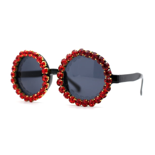 Grandes Lunettes de Soleil Hippie Diva à Grand Cercle Rond avec Strass Couronnés Noir Rouge