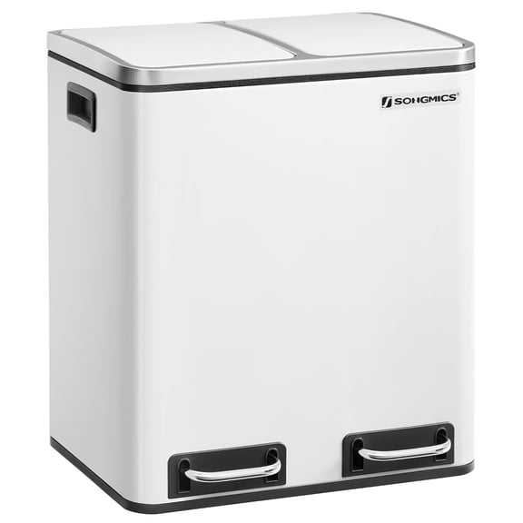 SONGMICS Garbage Can, 2 x 4 Gallon (2 x 15 L) Trash Can, Recycle Bin with Soft-Close Lids, Pedals, and Inner Buckets for Kitchen, Stainless Steel, White