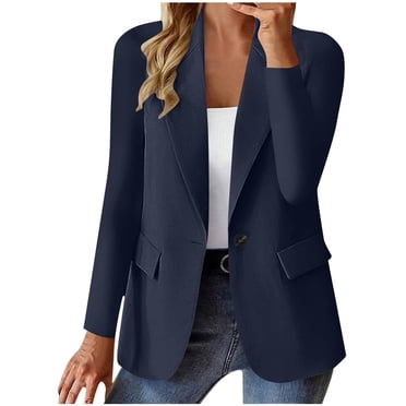 LMKIHUSA Vestes de Bureau pour Femmes Blazers Manches Longues Bouton Revers Manteaux de Complet Travail Affaires Ouvert devant Vestes Fausses Poches Ajusté 2025 Blazers Bleu Marine,G