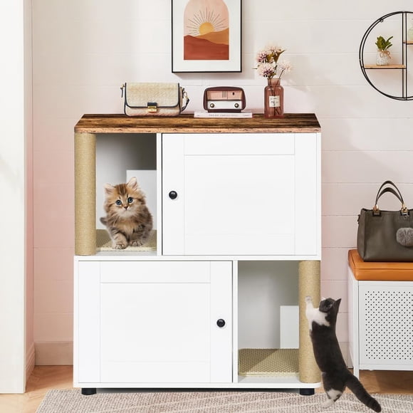 Meuble Cache-Litière Double pour Chat, Armoire de Mobilier de Litière Dissimulée avec Deux Tapis à Griffer et Poteau à Griffer, Salle de Bain pour Chat Moderne de Style Ferme en Bois Couvert, Design de Table d'Appoint, Blanc