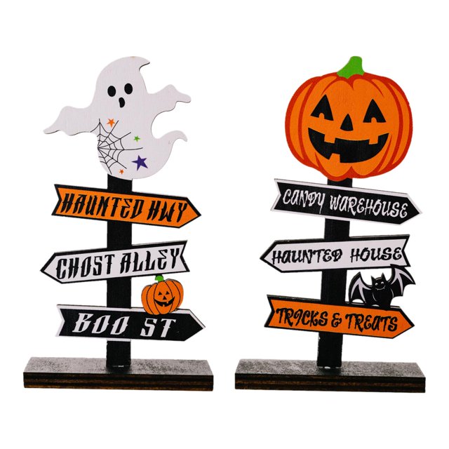 2Pcs Halloween Table Décoration Citrouille Signe Ornements Photo Accessoires en Bois