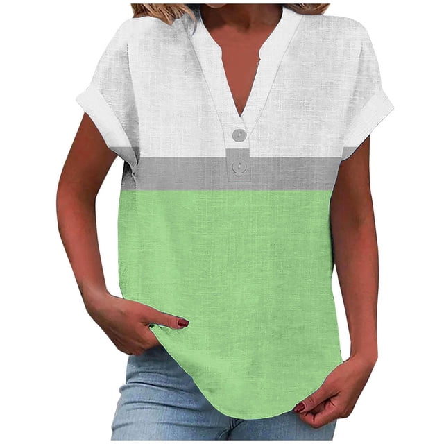 fatyb Womens Printed V Neck Tops Short Sleeve Button V Neck Tshirts Lightweight Summer Beach Blouses