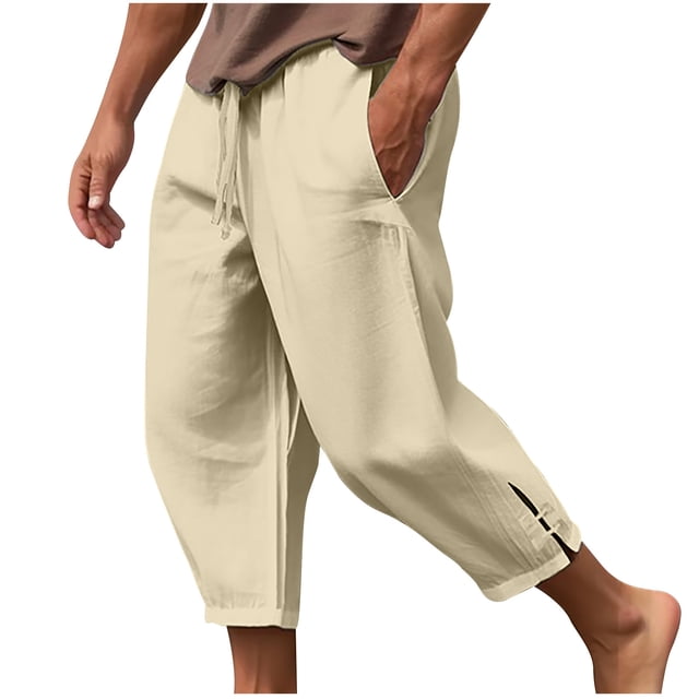 FAIWAD Men's Linen Capri Pants Elastic Waist Lightweight Straight Pants Loose Drawstring Casual Trousers