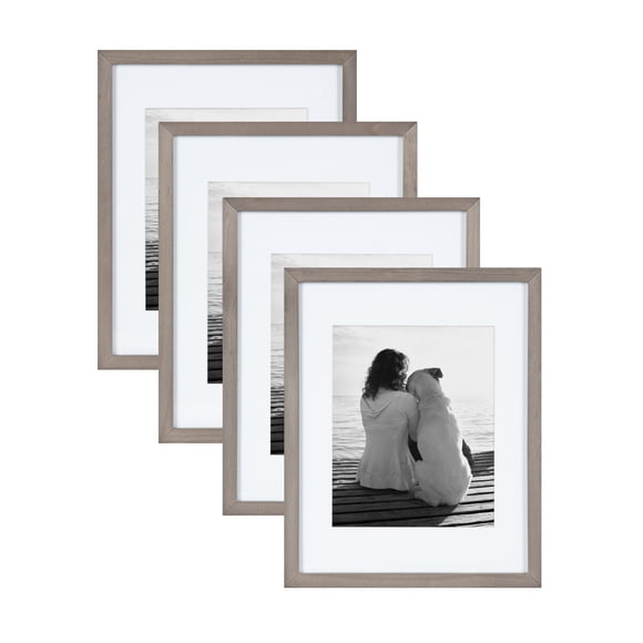 DesignOvation Gallery Picture Frame Set, Set of 4, 11 x 14 Matted to 8 x 10, Gray, Decorative Farmhouse Set of Robust Solid Wood Picture Frames for Wall Decor