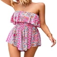 thumbnail image 2 of Women‘s Boho Romper Off Shoulder Elastic Waist Ruffle Shorts Jumpsuit Strapless Playsuit Flowy Beach Jumpsuit, 2 of 6