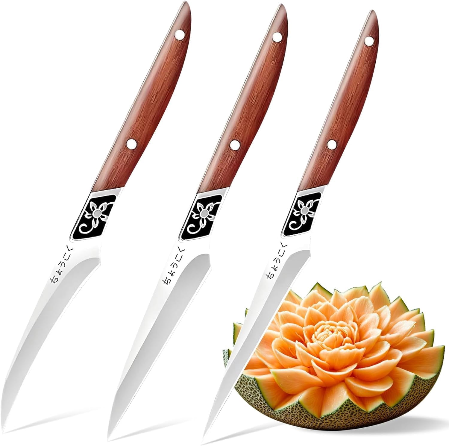 Plys Paring Knife Set of 3, Stainless Steel Peeling Knife, Sharp Small Knives for Fruit and Vegetable, Ergonomic Wood Handles