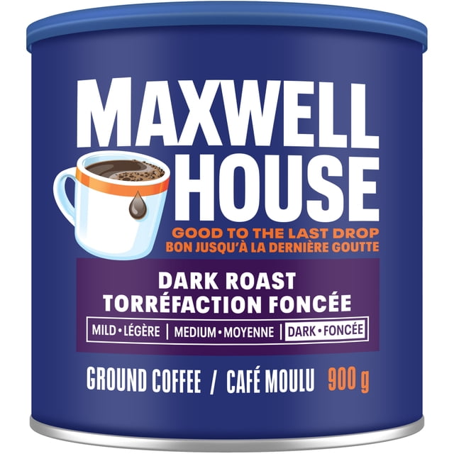 Maxwell House Dark Roast Ground Coffee 900 g canister with blue packaging featuring a white coffee cup illustration and bold white and orange text. The label highlights dark roast, ground coffee, and bilingual English-French descriptions, emphasizing a strong, full-bodied flavour ideal for brewing rich coffee.