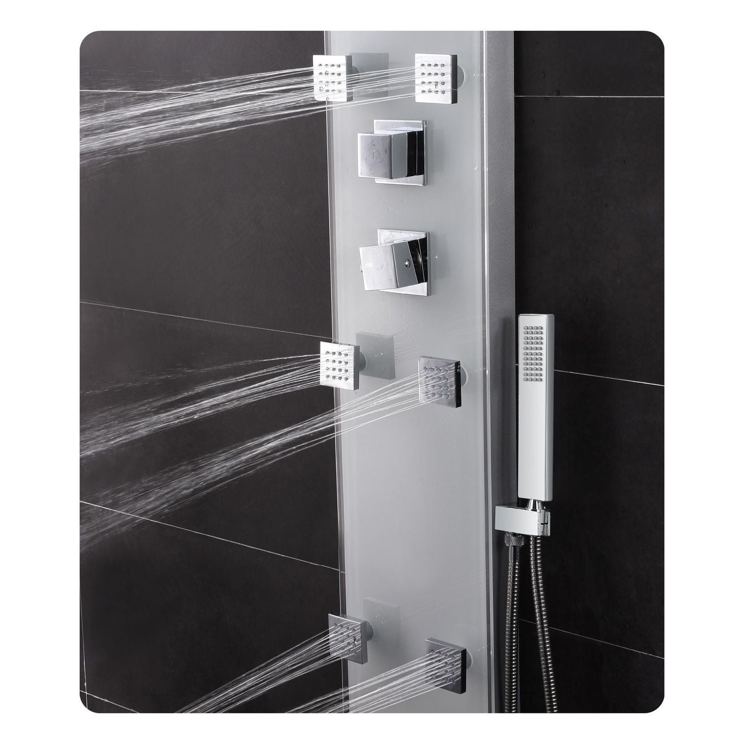The akuaplus® ZARA stainless steel and glass shower panel with thermostatic cartridge and 3-way diverter, 6 body jets oriental, plus 1 shelf.