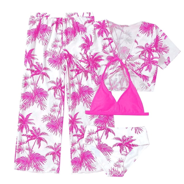 Kcodviy Girl's 4 Piece Swimsuits Size 14 Girls Swimsuit Tropical Print Halter Bikini Daisy Swimsuit Set Bathing Suits with Competitive Swimsuits for Girls Mesh Pants