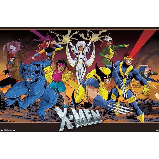 Marvel Comics - The X-Men - Affiche Murale de Groupe, 22,375 Pouces x 34 Pouces Mettant en Vedette une illustration de style Bande Dessinée de l'Équipe The X-Men dans des poses d'Action Dynamiques. Wolverine Se Cogne au Premier Plan avec des Griffes Allongées dans Sa Combinaison Jaune et Bleue, Prête à Sauter. Storm Se Tient au Centre dans un costume Blanc avec des Effets de Foudre Autour d'Elle. Cyclops Tire une Optique Rouge avec une Visière. Le Voleur Porte une Veste Verte,